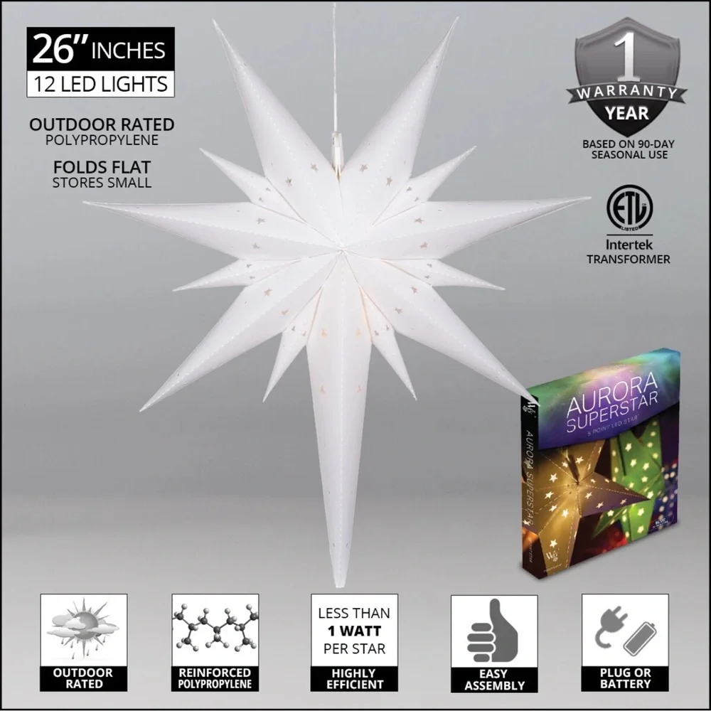 30” Christmas Moravian White Led Star Indoor/Outdoor Bat.Operated Timer